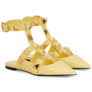Valentino Rockstud Roman Stud Lime Yellow Ankle Strap Ballet Ballerina Flat 36